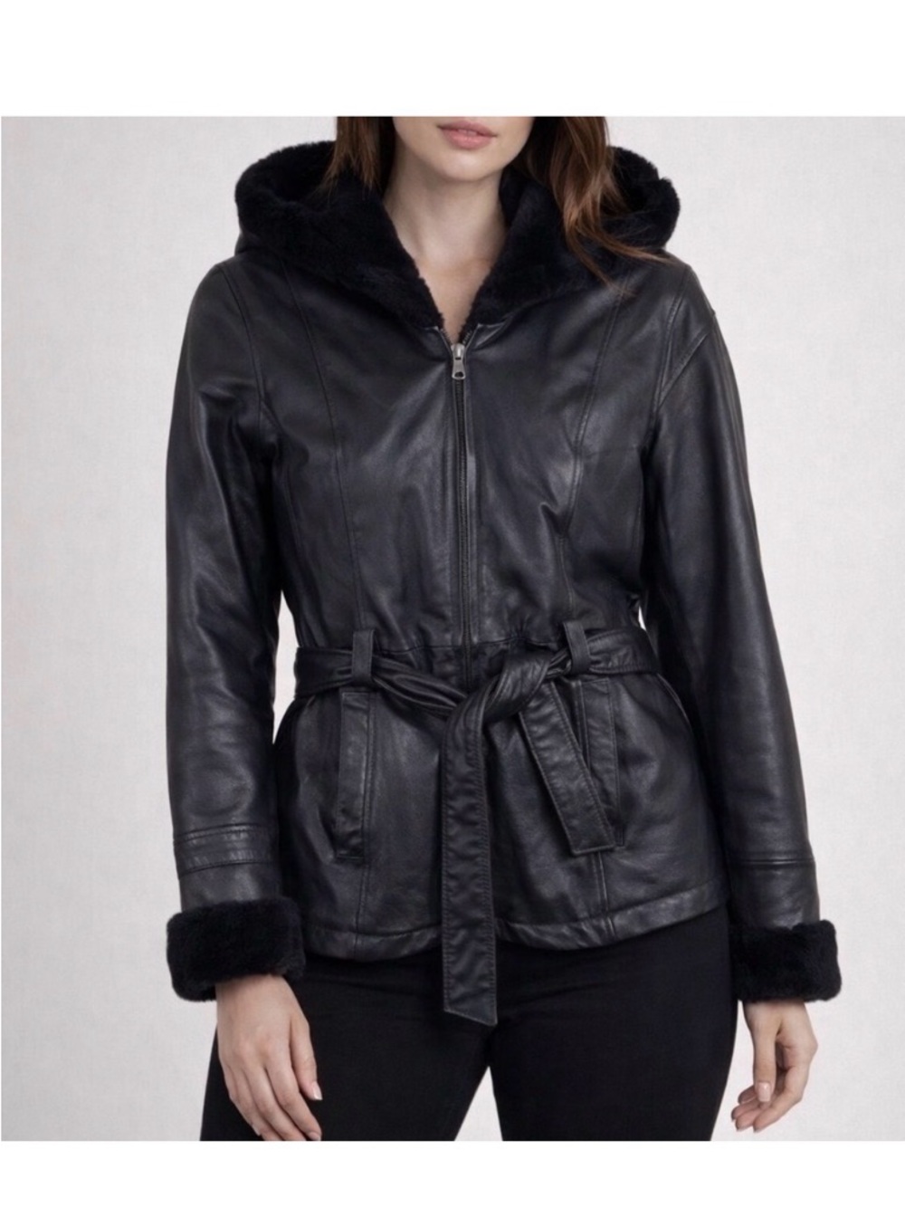 PELLE Black Genuine Leather Hooded Belted Faux Fur Lined Full Zip Jacket‎ Size L